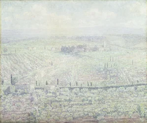 Hügelige toskanische Landschaft an einem sonnigen Sommertag, um 1930
